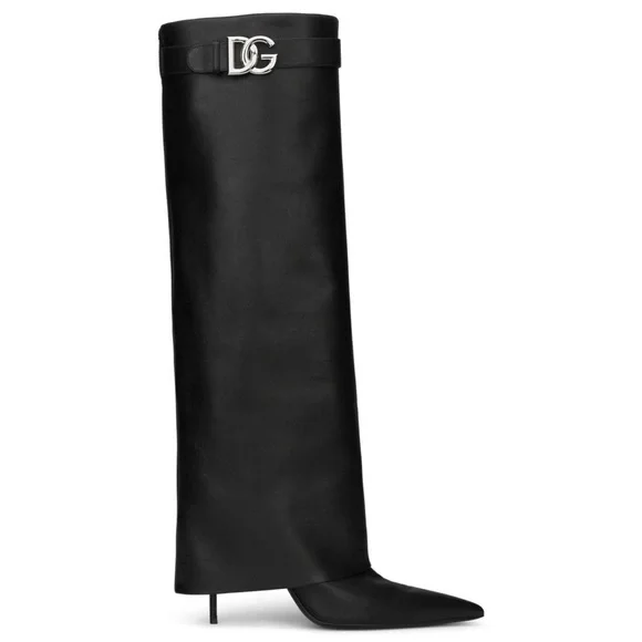 Dolce & Gabbana  DG Plaque Pointed-Toe Knee Boots Black Heels Size 39 (8) - Picture 9 of 9